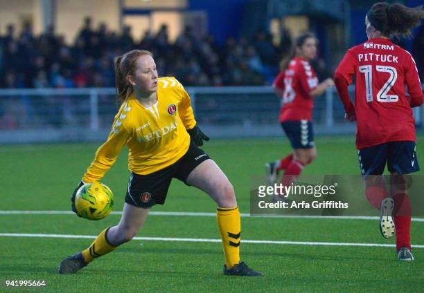 Hannah Gardener of Charlton Athletic Ladies in action during the Isthmian League Cup Final between West Ham United Ladies and Charlton Athletic...