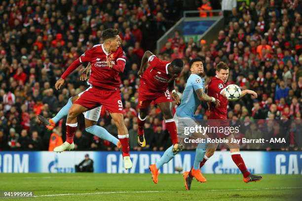 Sadio Mane of Liverpool scores a goal to make it 3-0 during the UEFA Champions League Quarter Final first leg match between Liverpool and Manchester...