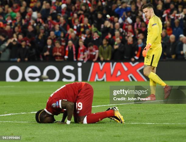 Sadio Mane of Liverpool celebrates the third goal during the UEFA Champions League Quarter Final Leg One match between Liverpool and Manchester City...