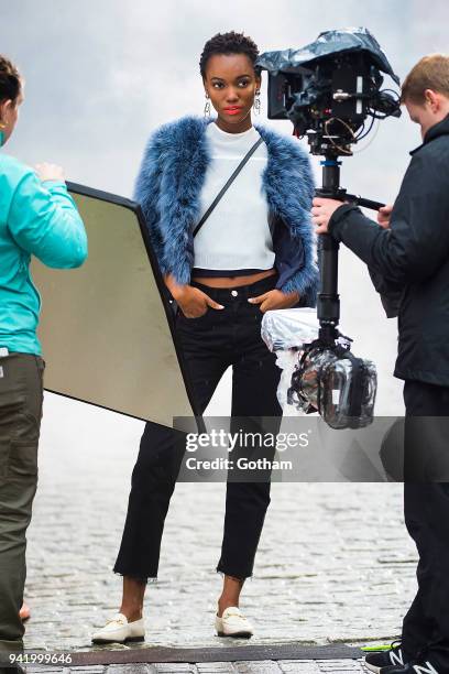 Herieth Paul is seen during a photoshoot for Maybelline in Tribeca on April 4, 2018 in New York City.