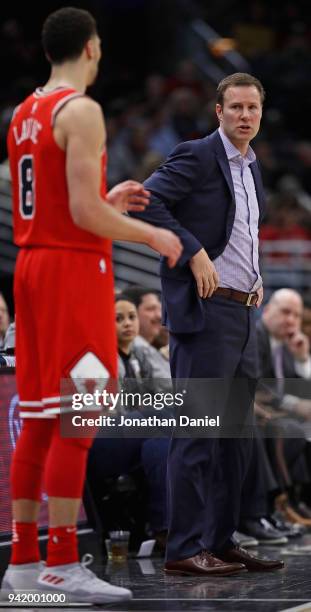 Head coach Fred Hoiberg of the Chicago Bulls gives instructions to Zach LaVine during a game against the Orlando Magic at the United Center on...