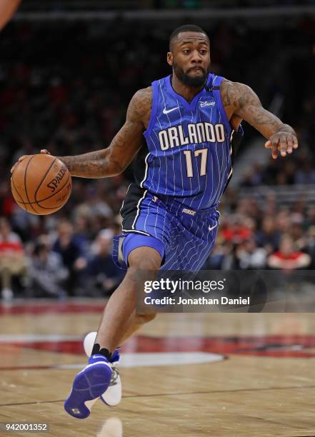 Jonathon Simmons of the Orlando Magic moves against the Chicago Bulls at the United Center on February 12, 2018 in Chicago, Illinois. The Bulls...