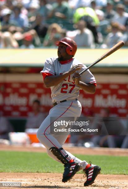 Vladimir Guerrero of the Los Angeles Angels of Anaheim bats against the Oakland Athletics during a Major League Baseball game April 16, 2005 at the...