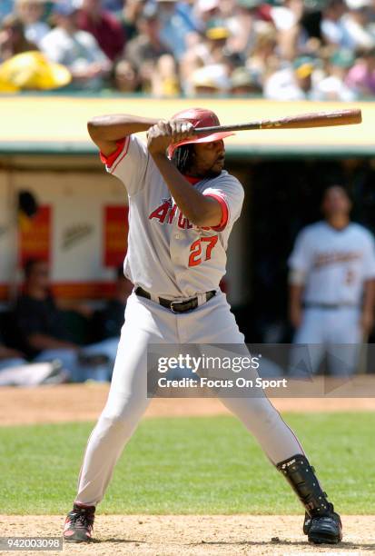 Vladimir Guerrero of the Los Angeles Angels of Anaheim bats against the Oakland Athletics during an Major League Baseball game June 8, 2008 at the...