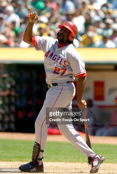 Vladimir Guerrero of the Los Angeles Angels of Anaheim bats against the Oakland Athletics during an Major League Baseball game June 8, 2008 at the...