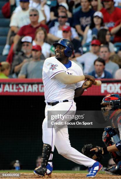 Vladimir Guerrero of the Texas Rangers and the American League All-Stars bats against the National League All Stars during the MLB All-Star Game July...