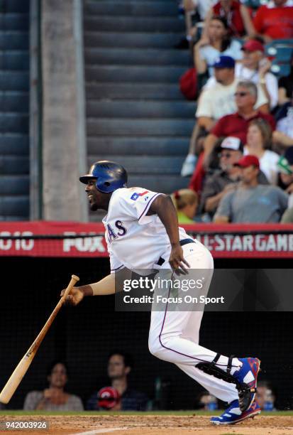 Vladimir Guerrero of the Texas Rangers and the American League All-Stars bats against the National League All Stars during the MLB All-Star Game July...