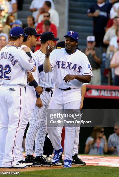 Vladimir Guerrero of the Texas Rangers and the American League All-Stars is introduced during player introduction prior to the start of the MLB...