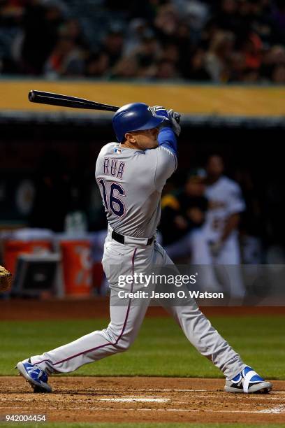 Ryan Rua of the Texas Rangers at bat against the Oakland Athletics during the second inning at the Oakland Coliseum on April 2, 2018 in Oakland,...