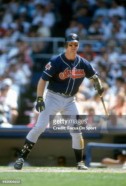 Jim Thome of the Cleveland Indians bats against the New York Yankees during an Major League Baseball game circa 1996 at Yankee Stadium in the Bronx...