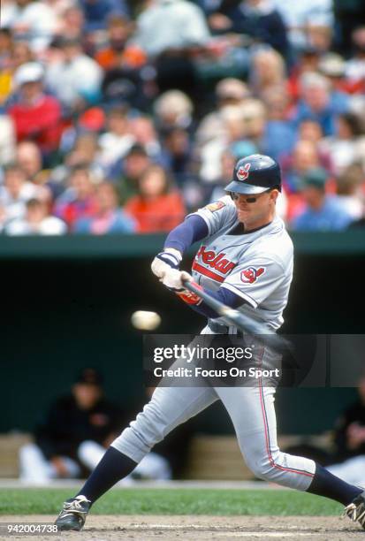 Jim Thome of the Cleveland Indians bats against the Baltimore Orioles during a Major League Baseball game circa 1994 at Oriole Park at Camden Yards...