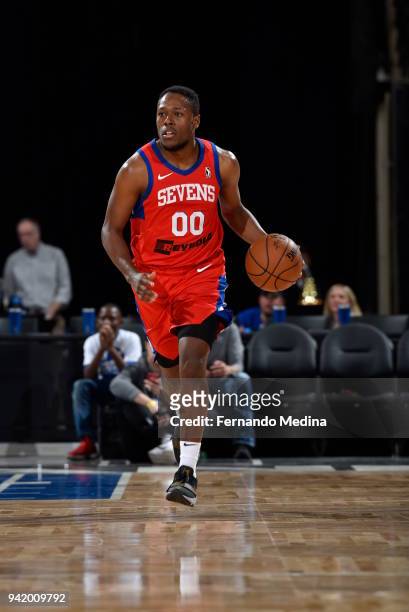 Naadir Tharpe of the Delaware 87ers handles the ball during the game against lakeland Magic on March 23, 2018 at RP Funding Center in Lakeland,...