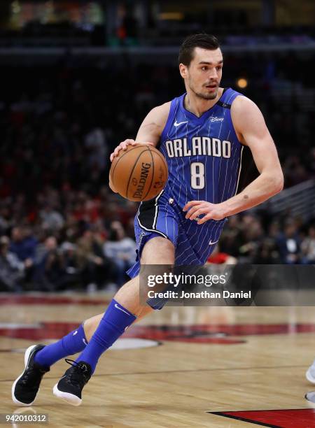 Mario Hezonja of the Orlando Magic moves against the Chicago Bulls at the United Center on February 12, 2018 in Chicago, Illinois. The Bulls defeated...