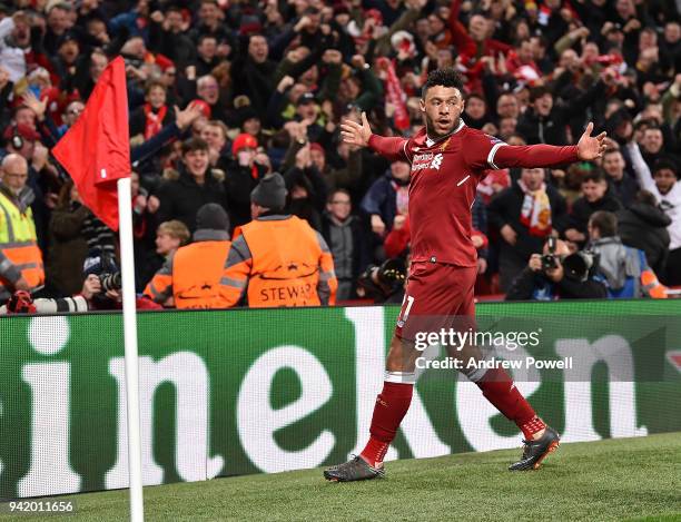 Alex Oxlade-Chamberalin of Liverpool Celebrates the second goal during the UEFA Champions League Quarter Final Leg One match between Liverpool and...