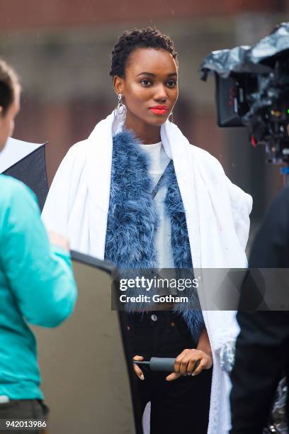 Herieth Paul is seen during a photoshoot for Maybelline in Tribeca on April 4, 2018 in New York City.