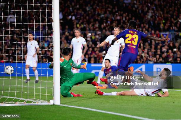 Kostas Manolas of AS Roma scores an own goal during the UEFA Champions League Quarter Final first leg match between FC Barcelona and AS Roma at Camp...