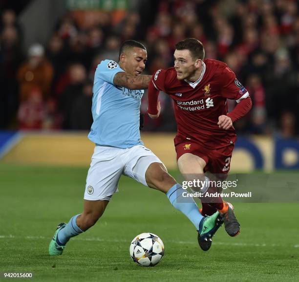 Andrew Robinson of Liverpool with Gabriel Jesus of Manchester City uring the UEFA Champions League Quarter Final Leg One match between Liverpool and...