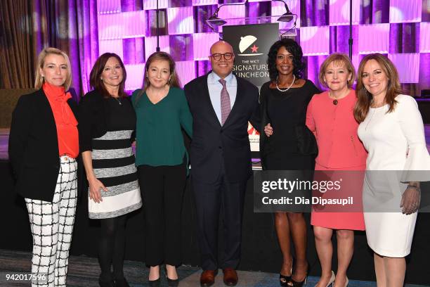 Amy Blair, Debbie Stang, Kathleen O'Rielly, Michael Powell, Marva Johnson, Martha Soehren and Maria Brennan attend the WICT Signature Luncheon 2018...