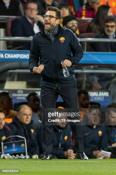 Head coach Eusebio Di Francesco of Rom gestures during the UEFA Champions League Quarter-Final first leg match between FC Barcelona and AS Roma at...