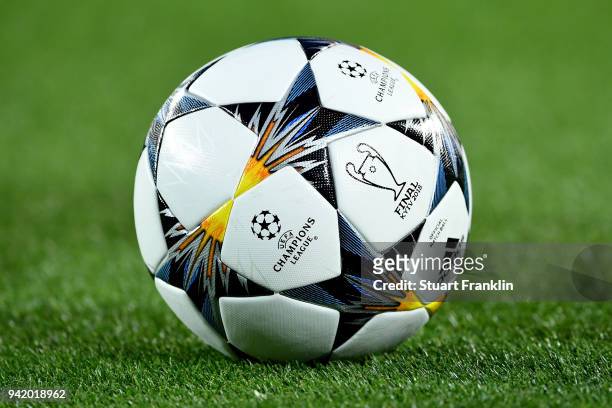 The match ball is seen prior to the UEFA Champions League Quarter Final Leg One match between FC Barcelona and AS Roma at Camp Nou on April 4, 2018...