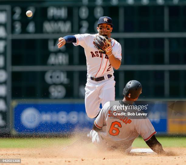 Jose Altuve of the Houston Astros turns a double play as Jonathan Schoop of the Baltimore Orioles slides into second base in the fifth inning at...