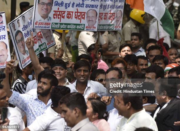 President Ajay Maken lead the protest march from Jaisingh Road to Parliament Street against the SC/ST rights' violation on April 4, 2018 in New...