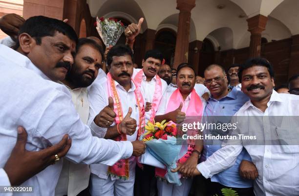 Newly Rajya Sabha member of parliament from Telengana Prakash Banda, Joginapally Santosh Kumar and Lingamaiah Yadav after taking aoth during the...