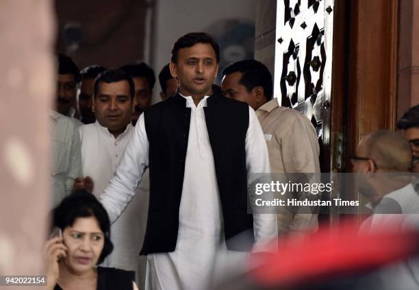 Samajwadi party President and Former Uttar Pradesh Chief Minister Akhilesh Yadav leaves after his party leader meeting during the Parliament Budget...