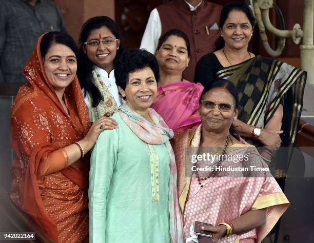 Member of Parliament Riti Pathak, Anu Bala, with Congress MP Kmari Shailja and other MP's during the Parliament Budget Session on April 4, 2018 in...