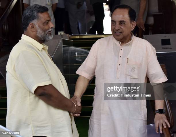 Member of Parliament in Rajya Sabha Subramanian Swamy talks with member of Parliament from Madhepura Bihar Rajesh Ranjan, better known as Pappu Yadav...