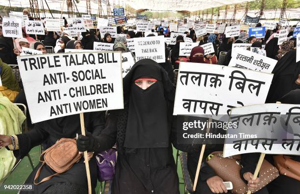 Muslim women protest against the triple talaq bill passed by the Lok Sabha at Ramlila Ground on April 4, 2018 in New Delhi, India.