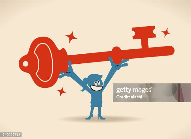 smiling business woman carrying a big key - password strength stock illustrations