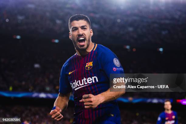 Luis Suarez of FC Barcelona celebrates after scoring his team's fourth goal during the UEFA Champions League Quarter Final Leg One match between FC...