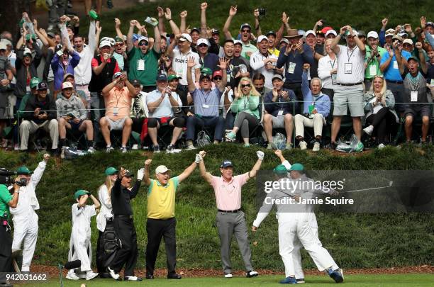 Gary Nicklaus, Jr. Celebrates hitting a hole-in-one on the ninth tee with his grandfather Jack Nicklaus, Gary Player and Tom Watson during the Par 3...