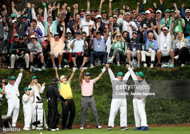 Gary Nicklaus, Jr. Celebrates hitting a hole-in-one on the ninth tee with his grandfather Jack Nicklaus, Gary Player and Tom Watson during the Par 3...