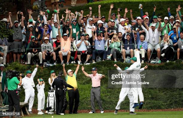 Gary Nicklaus, Jr. Celebrates hitting a hole-in-one on the ninth tee with his grandfather Jack Nicklaus, Gary Player and Tom Watson during the Par 3...