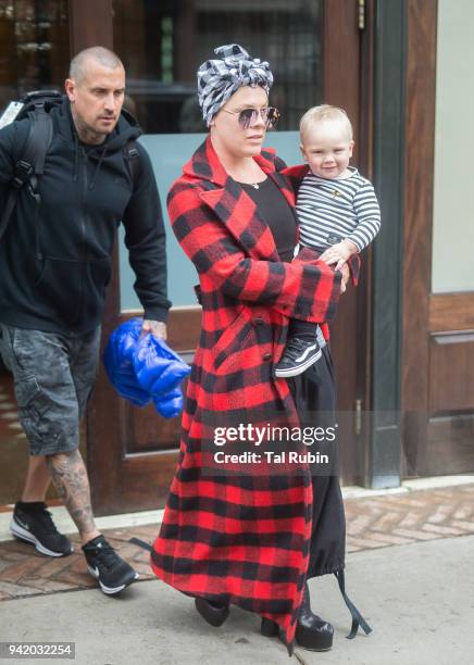 Carey Hart, Pink and Jameson Moon Hart are seen on April 4, 2018 in New York City.