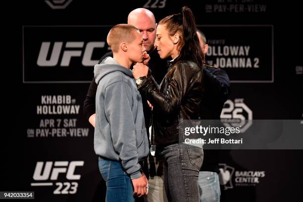 Rose Namajunas and Joanna Jedrzejczyk of Poland face off during the UFC 223 Press Conference at the Music Hall of Williamsburg on April 4, 2018 in...