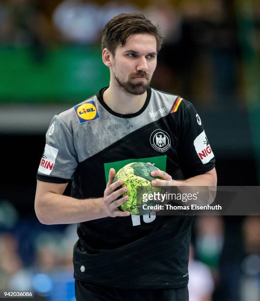 Fabian Wiede of Germany in action during the handball international friendly match between Germany and Serbia at Arena Leipzig on April 4, 2018 in...