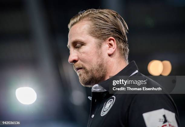 Team manager Oliver Roggisch of Germany reacts prior the handball international friendly match between Germany and Serbia at Arena Leipzig on April...