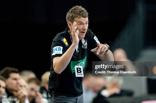 Coach Christian Prokop of Germany reacts during the handball international friendly match between Germany and Serbia at Arena Leipzig on April 4,...