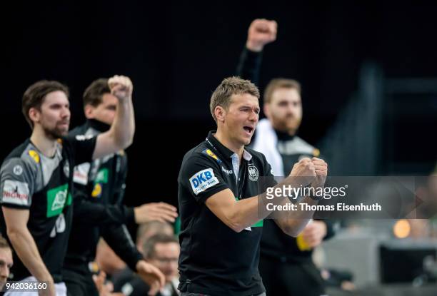 Coach Christian Prokop of Germany celebrates during the handball international friendly match between Germany and Serbia at Arena Leipzig on April 4,...