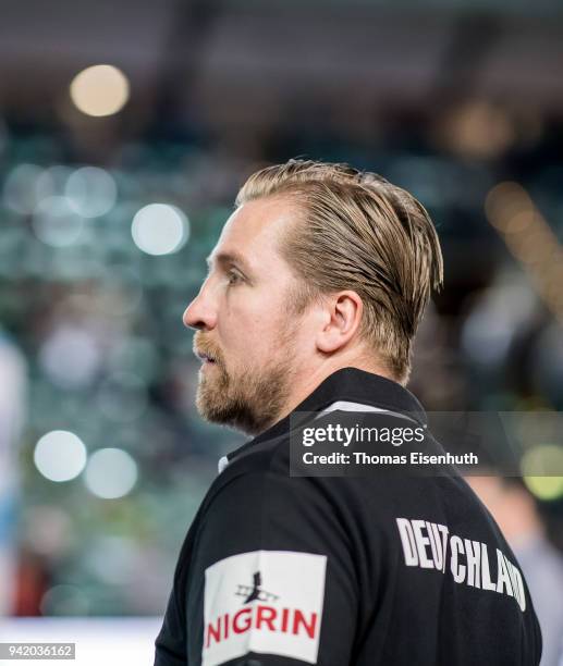 Team manager Oliver Roggisch of Germany reacts prior the handball international friendly match between Germany and Serbia at Arena Leipzig on April...