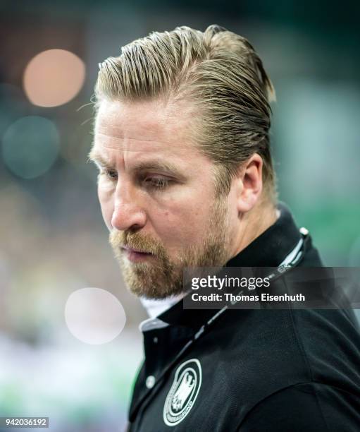 Team manager Oliver Roggisch of Germany reacts prior the handball international friendly match between Germany and Serbia at Arena Leipzig on April...