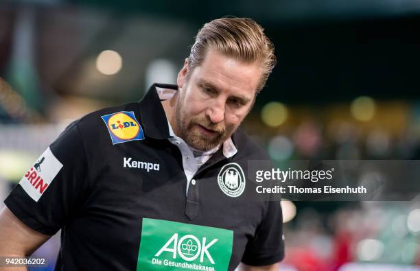 Team manager Oliver Roggisch of Germany reacts prior the handball international friendly match between Germany and Serbia at Arena Leipzig on April...