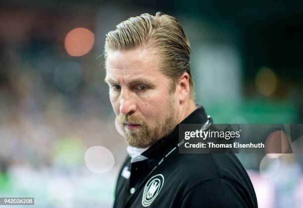 Team manager Oliver Roggisch of Germany reacts prior the handball international friendly match between Germany and Serbia at Arena Leipzig on April...