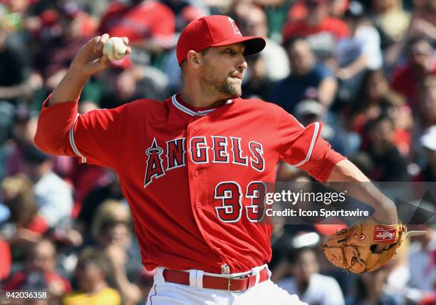 Los Angeles Angels of Anaheim pitcher Jim Johnson in action in the fifth inning of a game against the Cleveland Indians played on April 4, 2018 at...