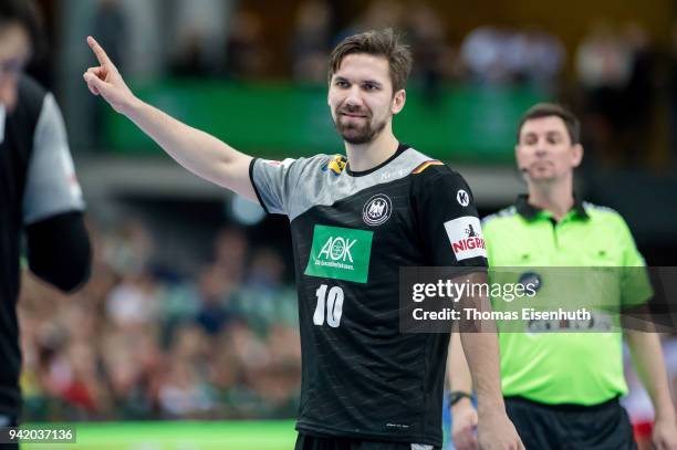 Fabian Wiede of Germany reacts during the handball international friendly match between Germany and Serbia at Arena Leipzig on April 4, 2018 in...