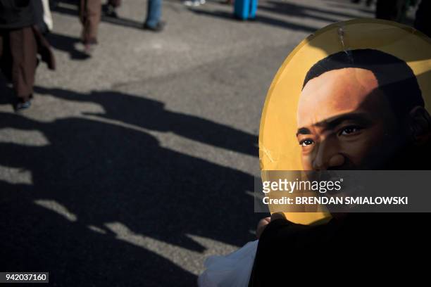 An image of Martin Luther King Jr. Is seen during an event at the Lorraine Motel commemorating the 50th anniversary of the assassination of Martin...