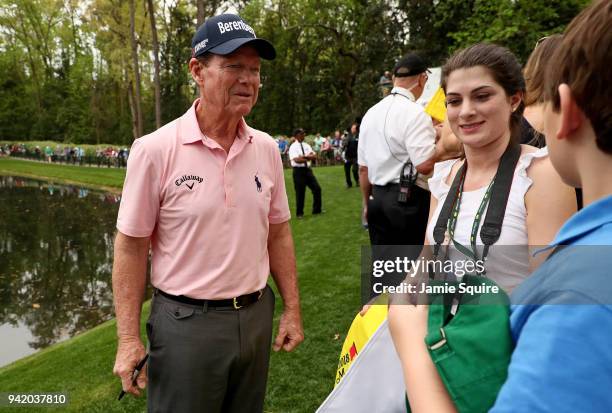 Tom Watson of the United States smiles has he talks with patrons after winning the Par 3 Contest prior to the start of the 2018 Masters Tournament at...